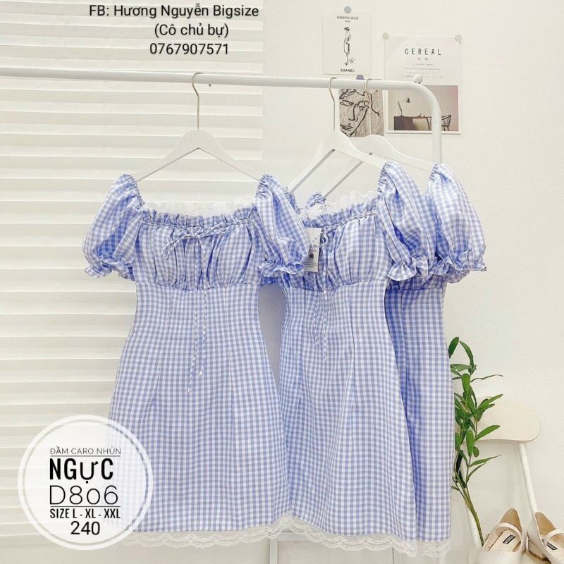 60-90kg bigsize đầm caro nhúng ngực viền ren d806