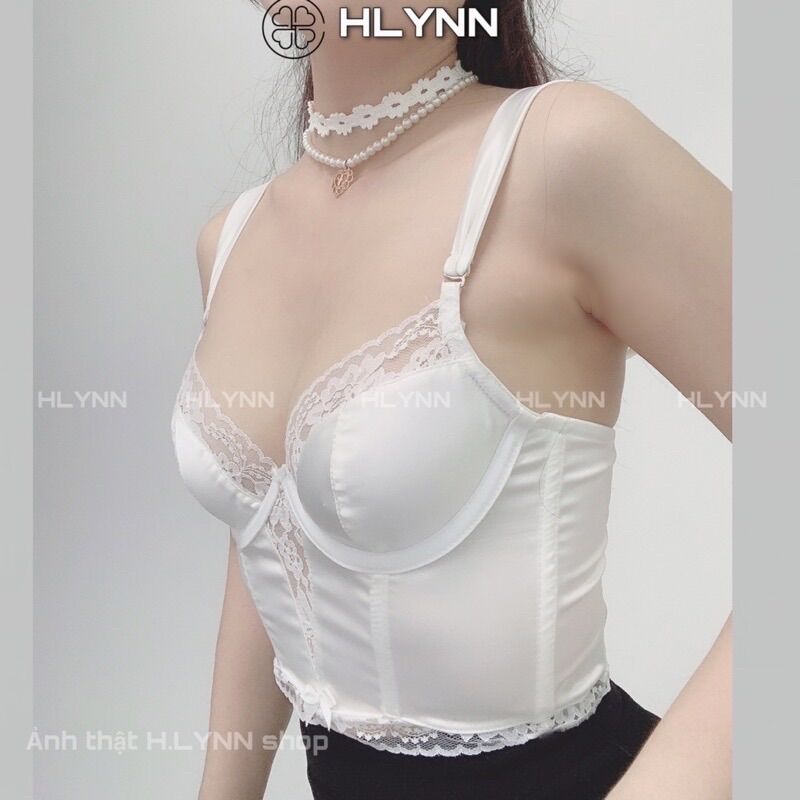 M155Áo corset hai dây lụa bóng phối ren có gọng mút