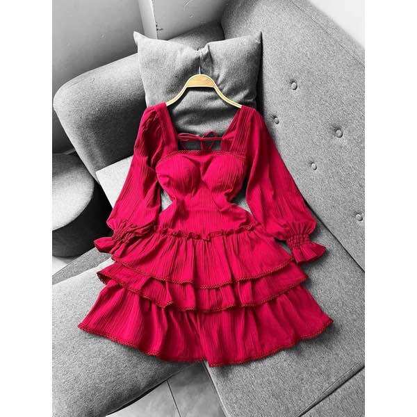 Đầm Xoè Phối Viền Bèo Tiểu Thư Cổ U( Chất Đũi Mềm)