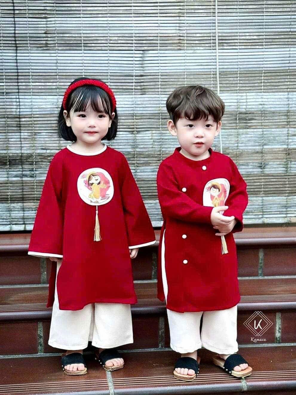 Áo Dài Thiết Kế  Set Bộ Bé Trai và bé gái Nhung (ĐÃ CÓ QUẦN) [Jun's]  Từ 8-45kg A3