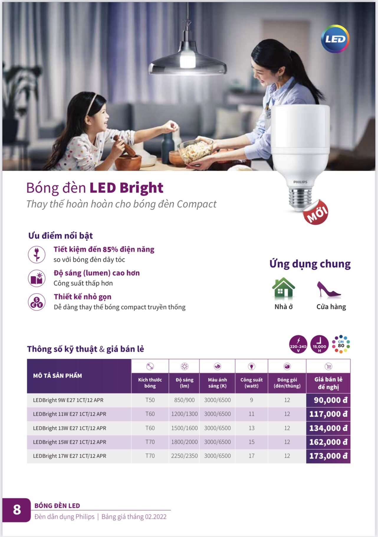 Led Bulb Bright 15W E27 Philis. Bóng Đèn Trụ 15W Philips.