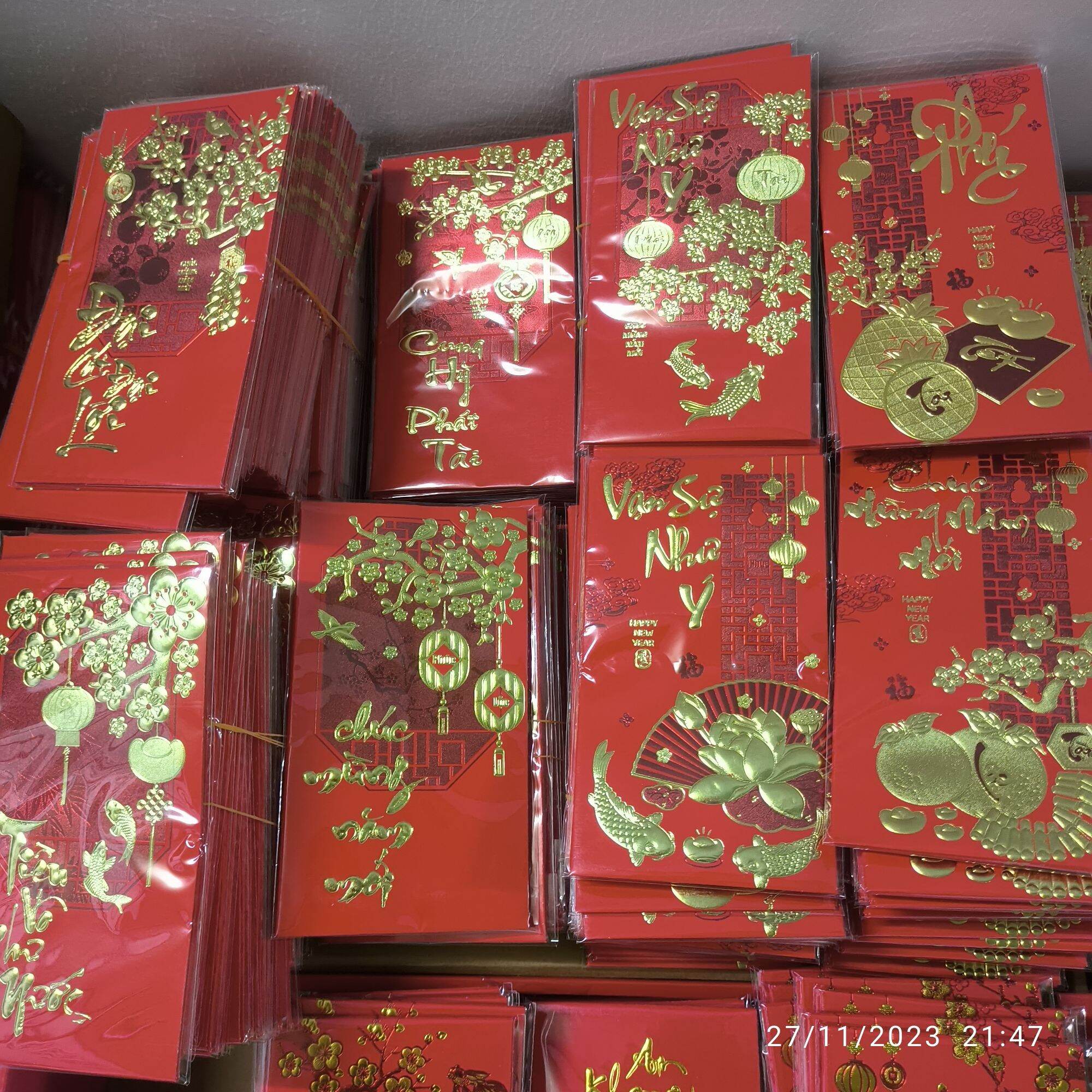 COMBO 30 BAO LÌ XÌ ĐỎ GIẤY IN NHŨ (Kích thước 16x9cm) ( 6 bao/xấp, 30 bao là 5 xấp)