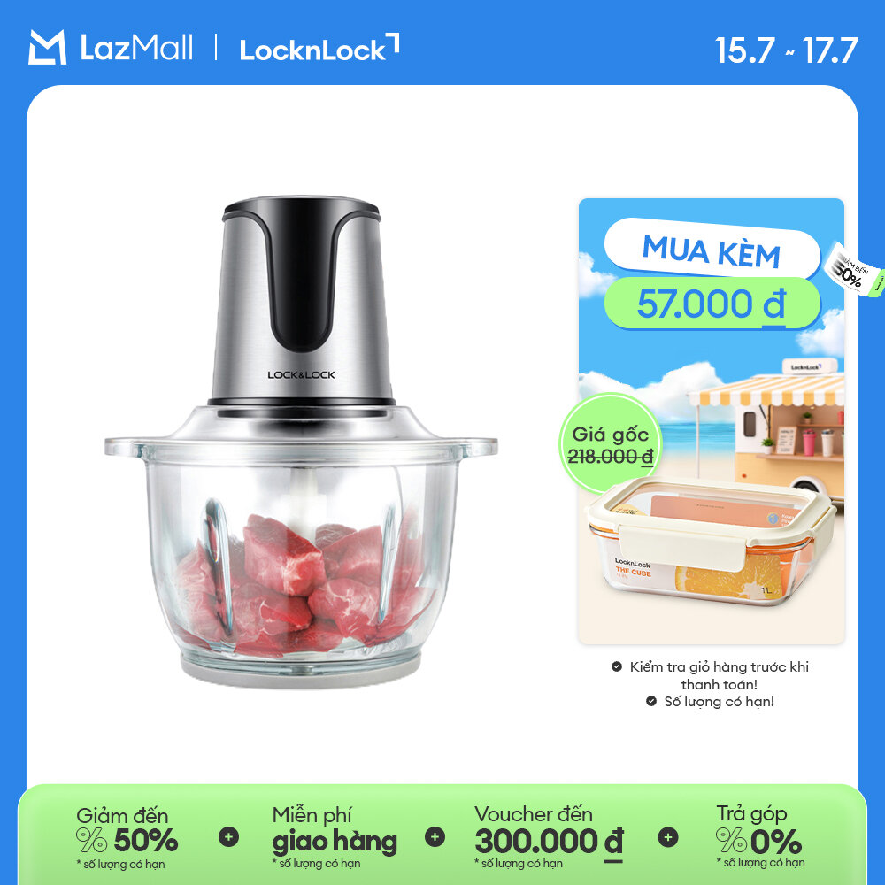 EJM171 - Máy xay thịt đa năng LockLock 2L 300W - Cối thủy tinh, Lưỡi dao kép thép không gỉ, 2 cấp độ xay - chính hãng - Bảo hành 2 năm