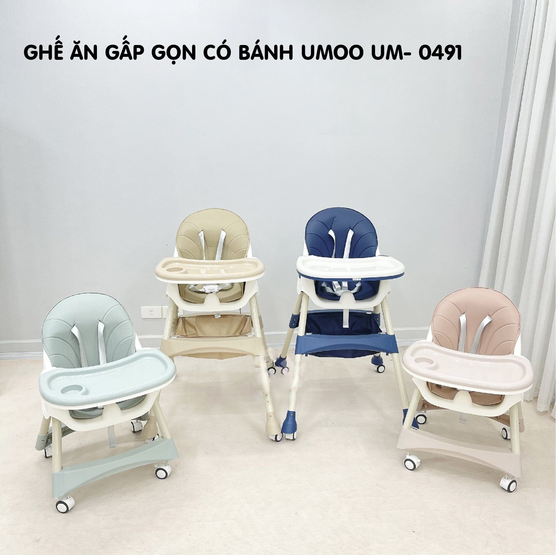 Ghế ăn dặm gập gọn umoo có bánh xe điều chỉnh độ cao 2 cấp độ