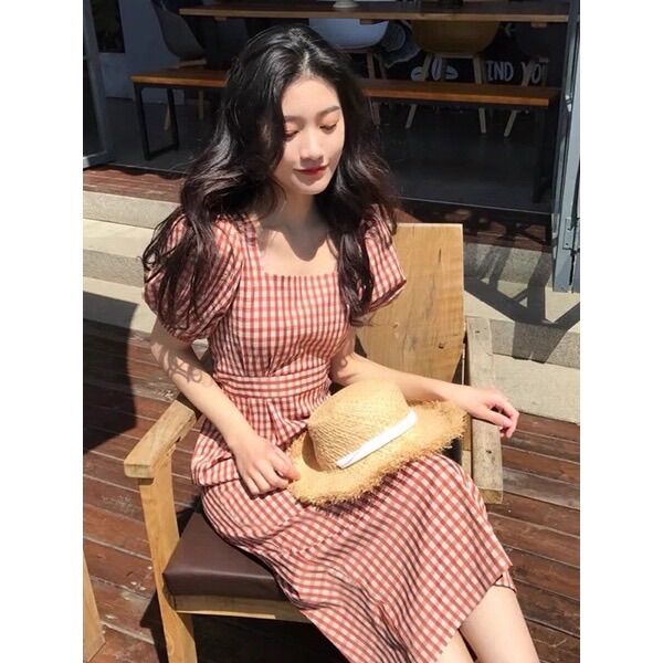 Đầm caro đỏ dáng dài dịu dàng CR99