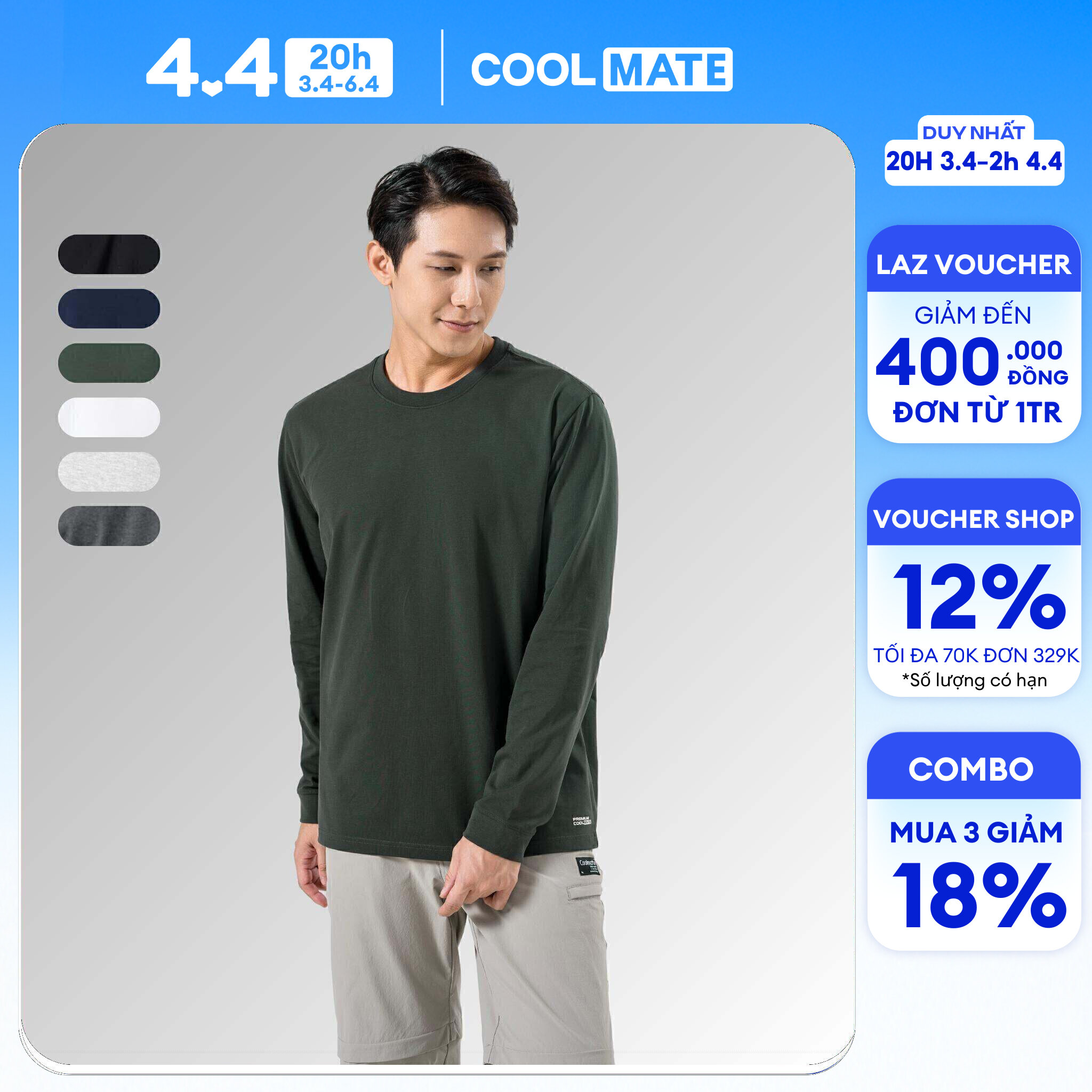[CHỈ 20H 4-6.4 MUA 3 GIẢM 15%][OUTLET - Không đổi trả] Áo thun dài tay nam cotton compact chống nhăn - Coolmate