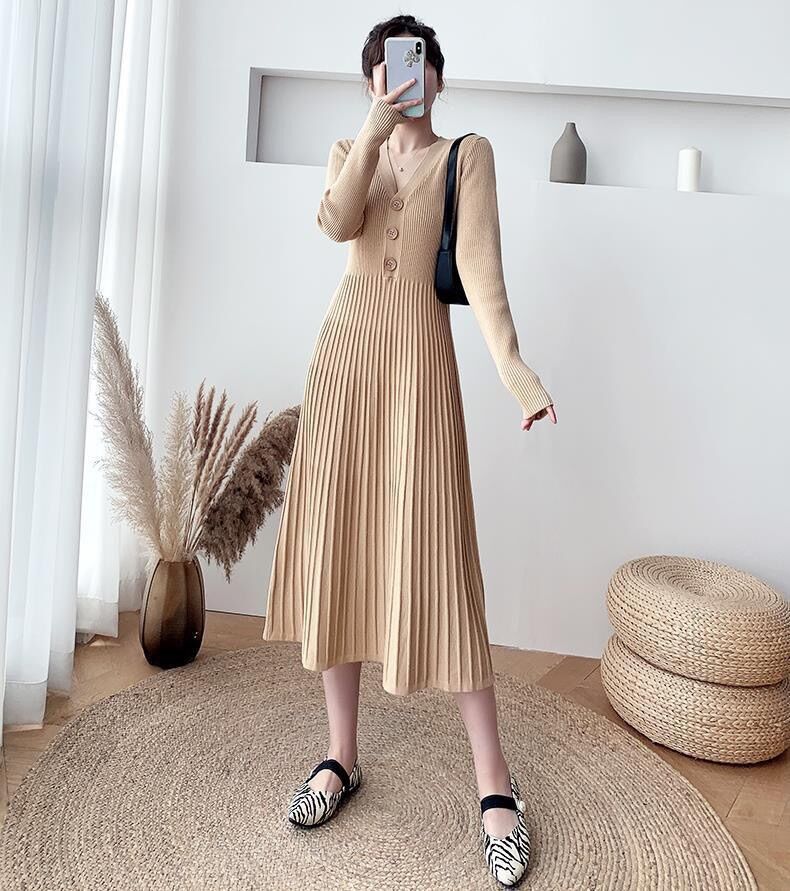 Váy len dáng dài cổ chữ V eo thon cao cấp
