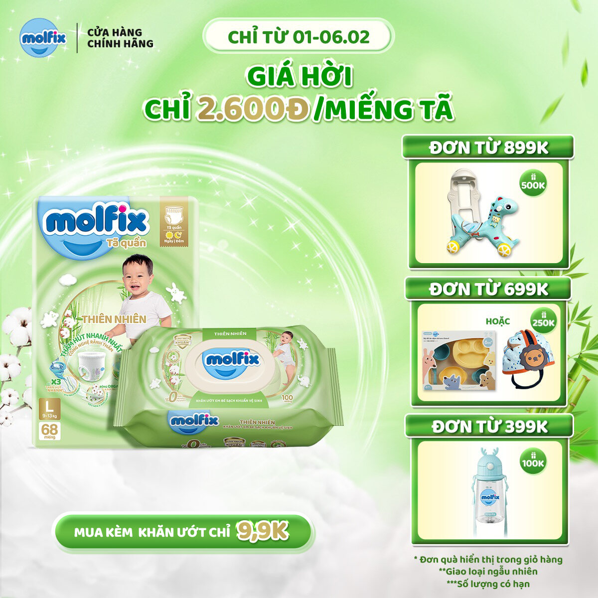 [Tã Quần Ultra L kèm Khăn Ướt] Tã quần Molfix Thiên nhiên Ultra L (9kg 13kg) Gói 68 miếng + Khăn ướt