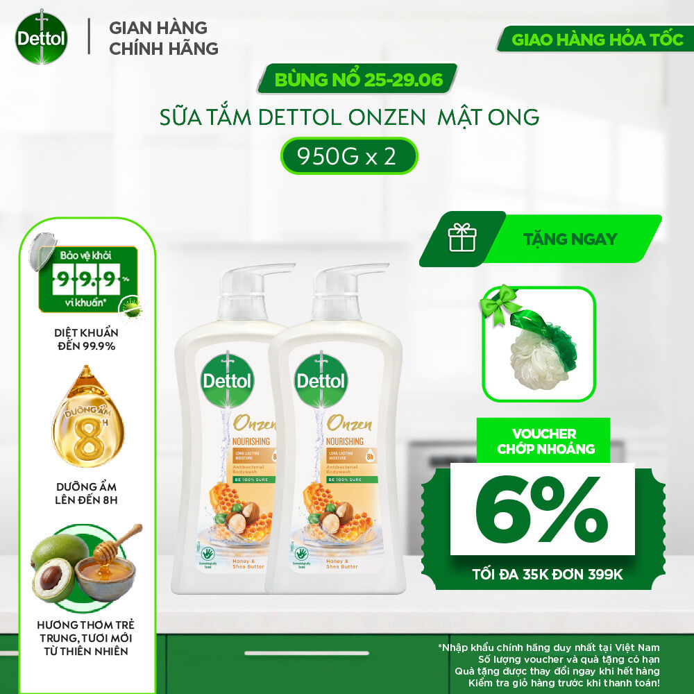 Combo 2 Sữa tắm Dettol Onzen Dưỡng Da Mật Ong Kháng khuẩn Dưỡng Thể 950g