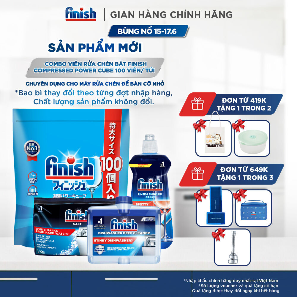 Combo Finish: Viên Rửa Chén Finish Nhật Bản Power Cube 100 Viên + Nước bóng + Dung dịch vệ sinh máy + Muối 1kg