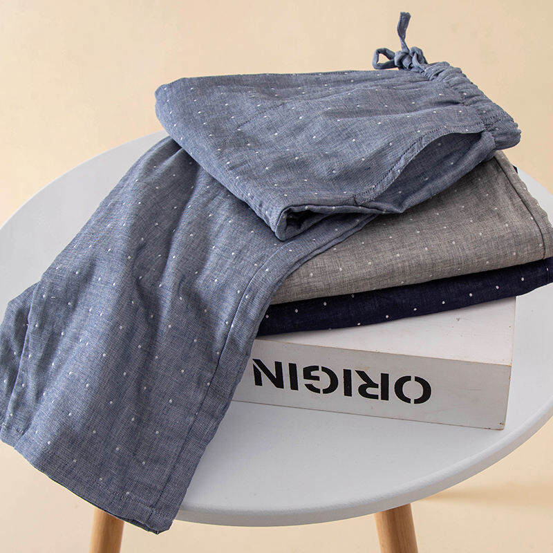 Quần Ngủ Nam Kiểu Nhật Quần Dài Cotton Giặt Nước Mẫu Mỏng Xuân Thu Vải Xô Cotton Quần Mặc Nhà Thường Ngày Rộng Rãi Mùa Hè Mặc Nhà