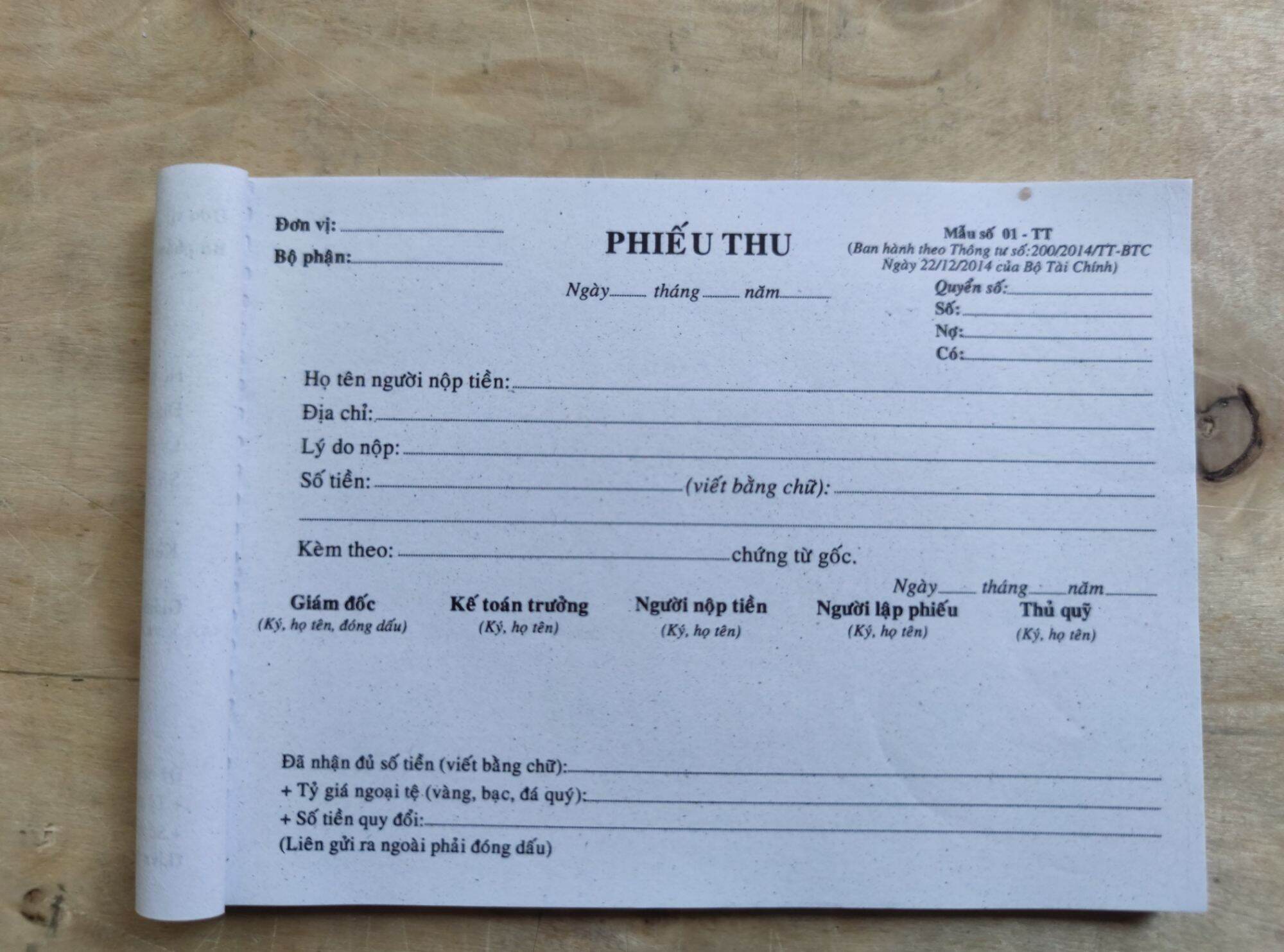Combo 10 quyển Phiếu Thu 1 liên