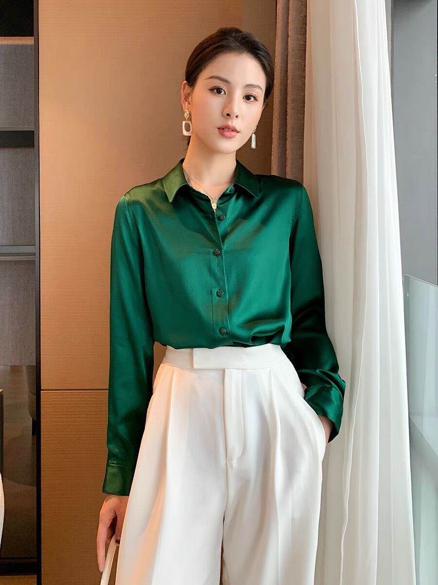 Áo nữ vnxk form sơmi lụa satin 2 màu cực đẹp 310k