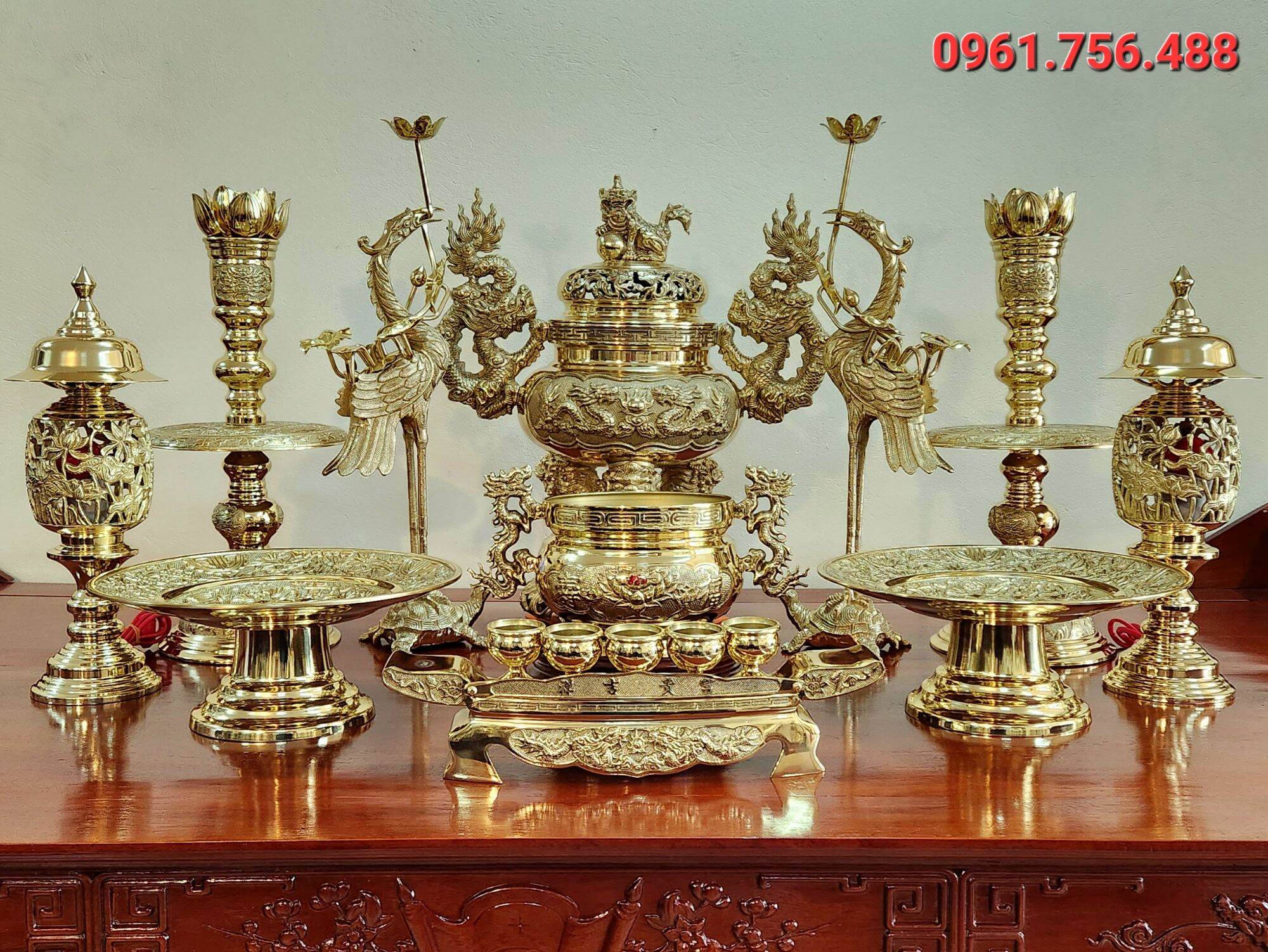 Bộ lư hương đỉnh đồng vàng 50cm- 11 MÓN