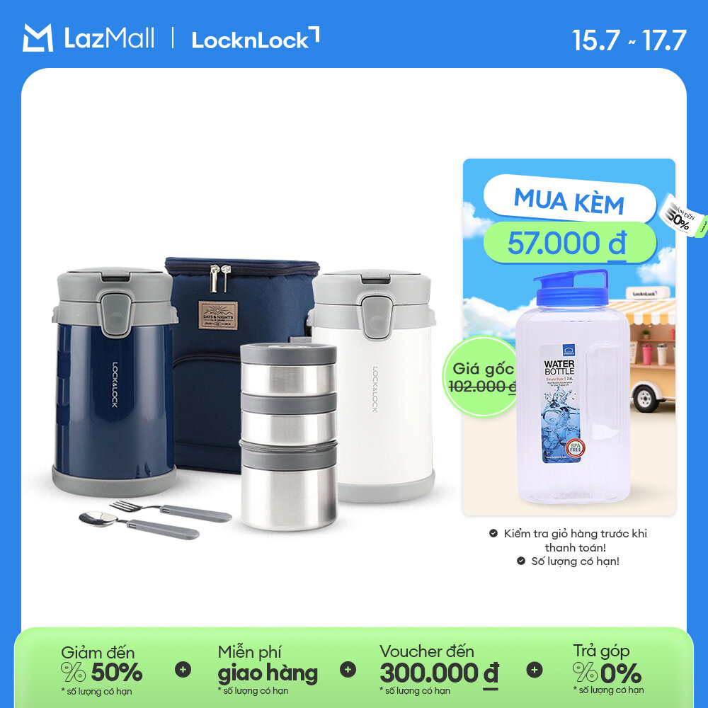 Bộ hộp cơm giữ nhiệt lock&lock easy carry - lhc8039 - kèm bộ muỗng nĩa và túi đựng. gồm 1 hộp 720ml+ 2 hộp 420ml - hàng chính hãng