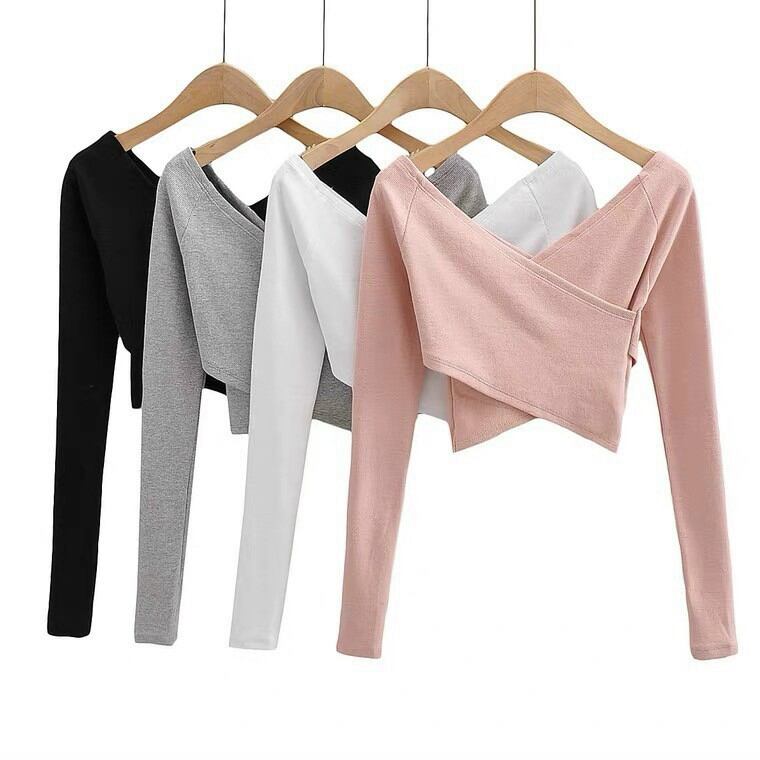 Áo Thun Kiểu Đắp Chéo Tay Dài Croptop Thun Gân
