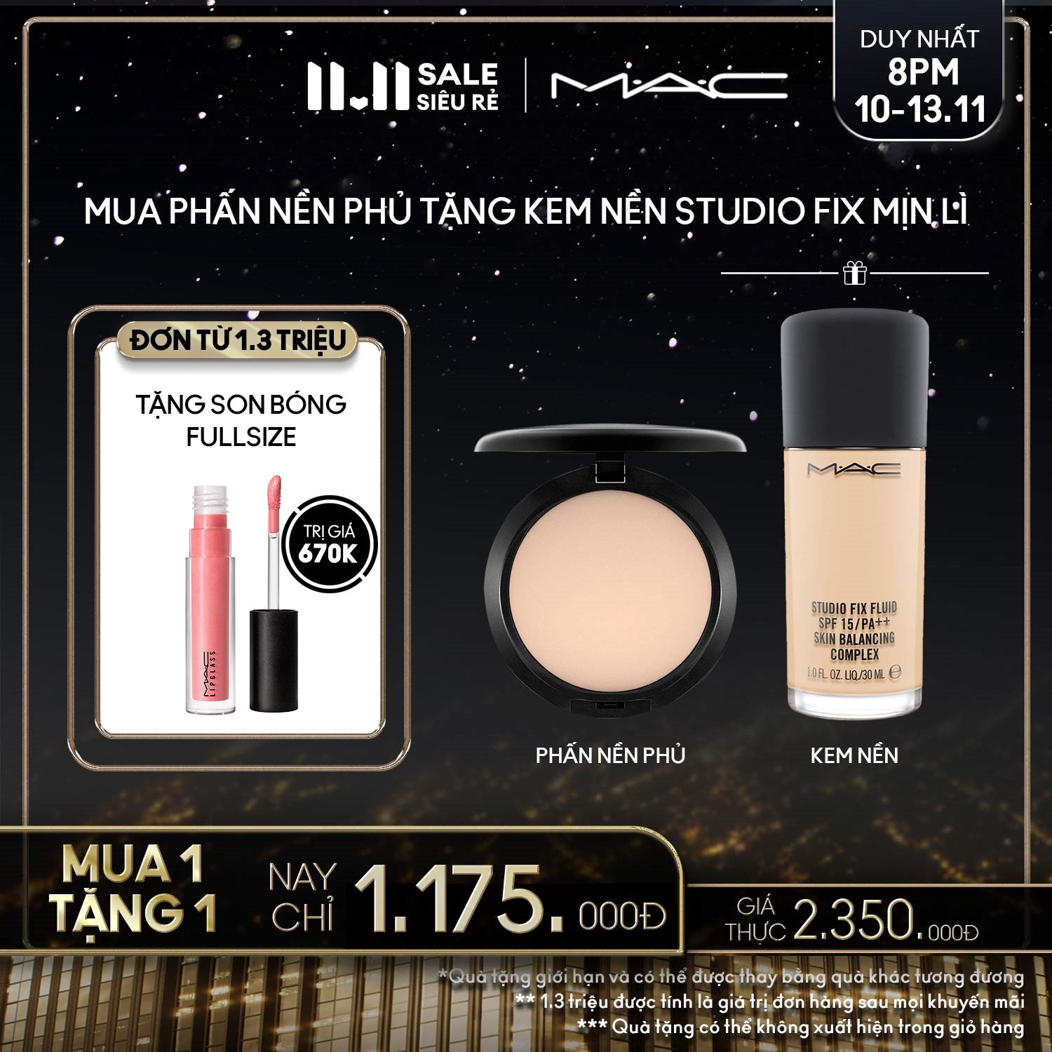 [ĐỘC QUYỀN LIVESTREAM 11.11] MAC - Bộ 2 món: Phấn nền phủ MAC Studio Fix Powder Plus Foundation 15g, Kem Nền MAC Studio Fix Fluid Foundation – 30ml/Kem nền dạng lỏng dành cho da thường và da dầu – Kem nền trang điểm hoàn thiện