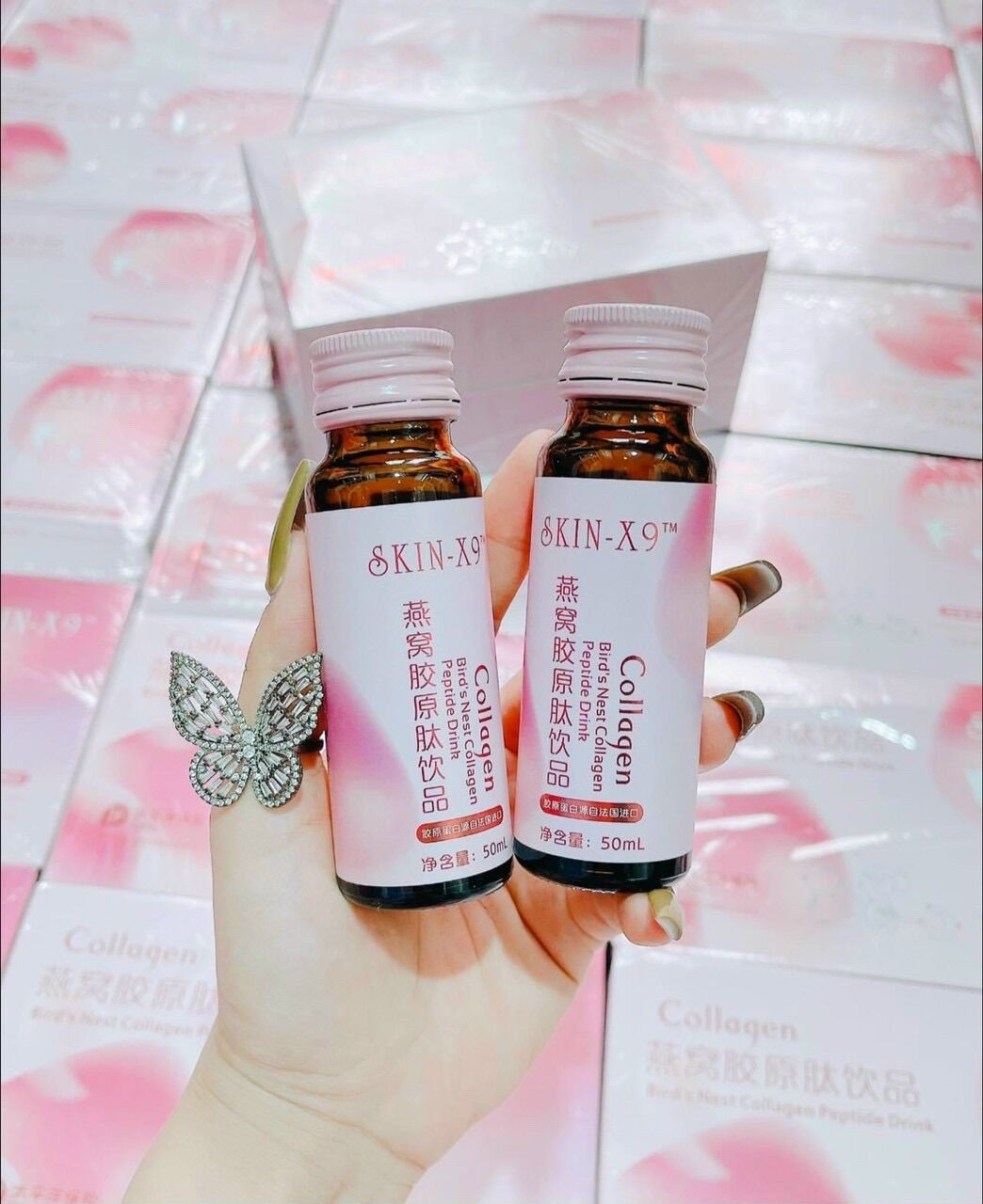 Nước uống collagen skin x9 hương vị trái cây hỗ trợ giảm mụn, nám, tàn nhang hộp 6 chai