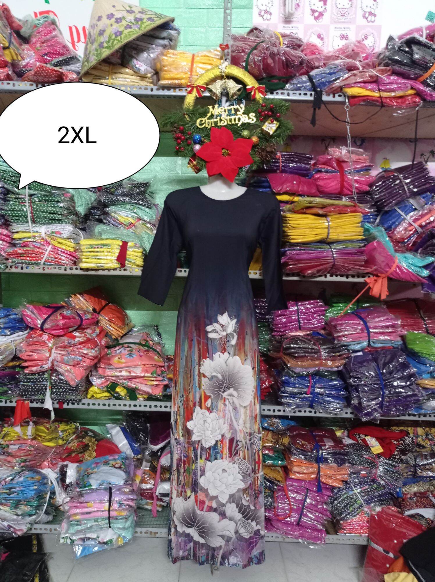 áo dài in hoa vải lụa nhật tay dài lỡ cổ tròn