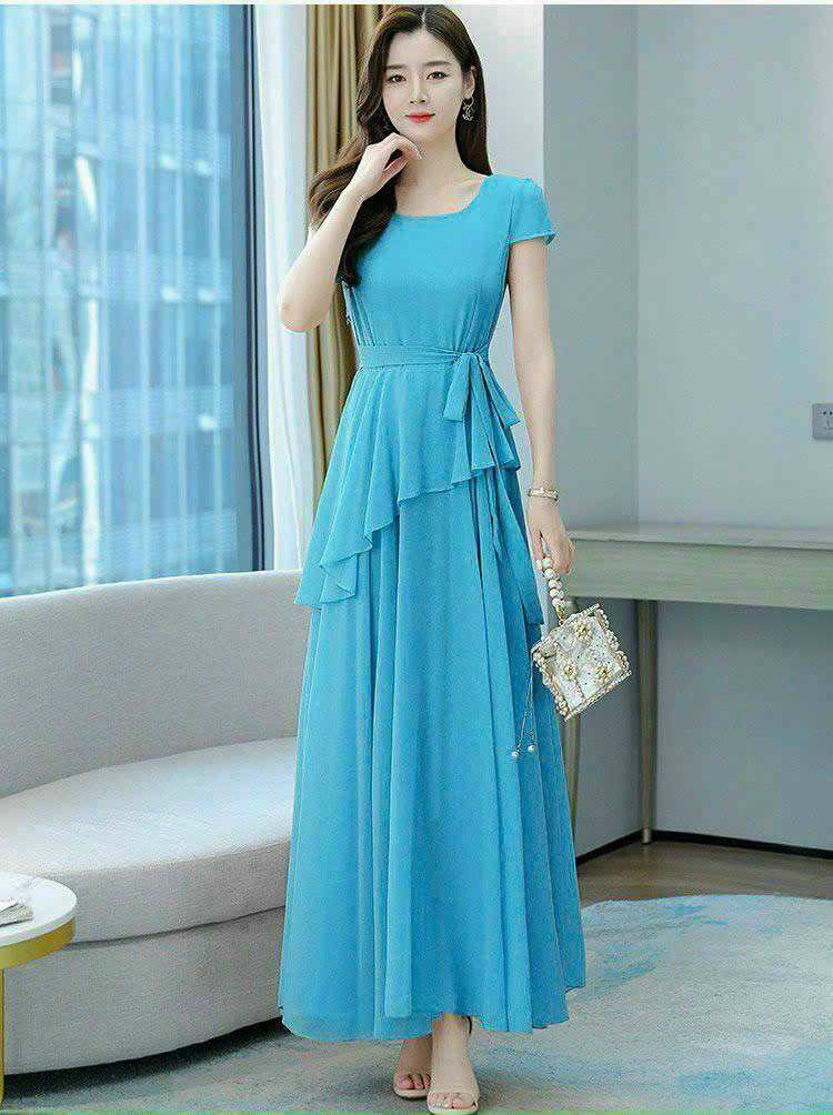 ĐẦM XOÈ THẮT DÂY EO, ĐẦM MAXI ĐI BIỂN CỔ TRÒN