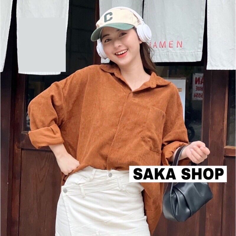 Áo sơ mi nhung tăm nữ nam unisex dáng rộng tay dài phồng