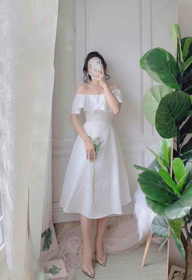 Đầm xòe trễ vai phối bèo quyến rũ