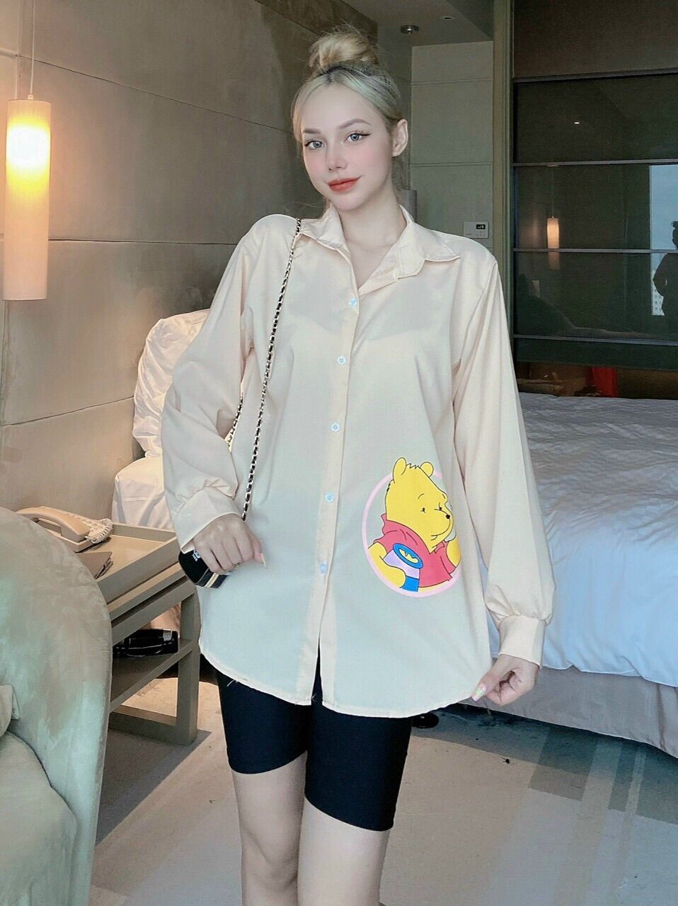 Set áo sơmi gấu pooh quần legging ngố