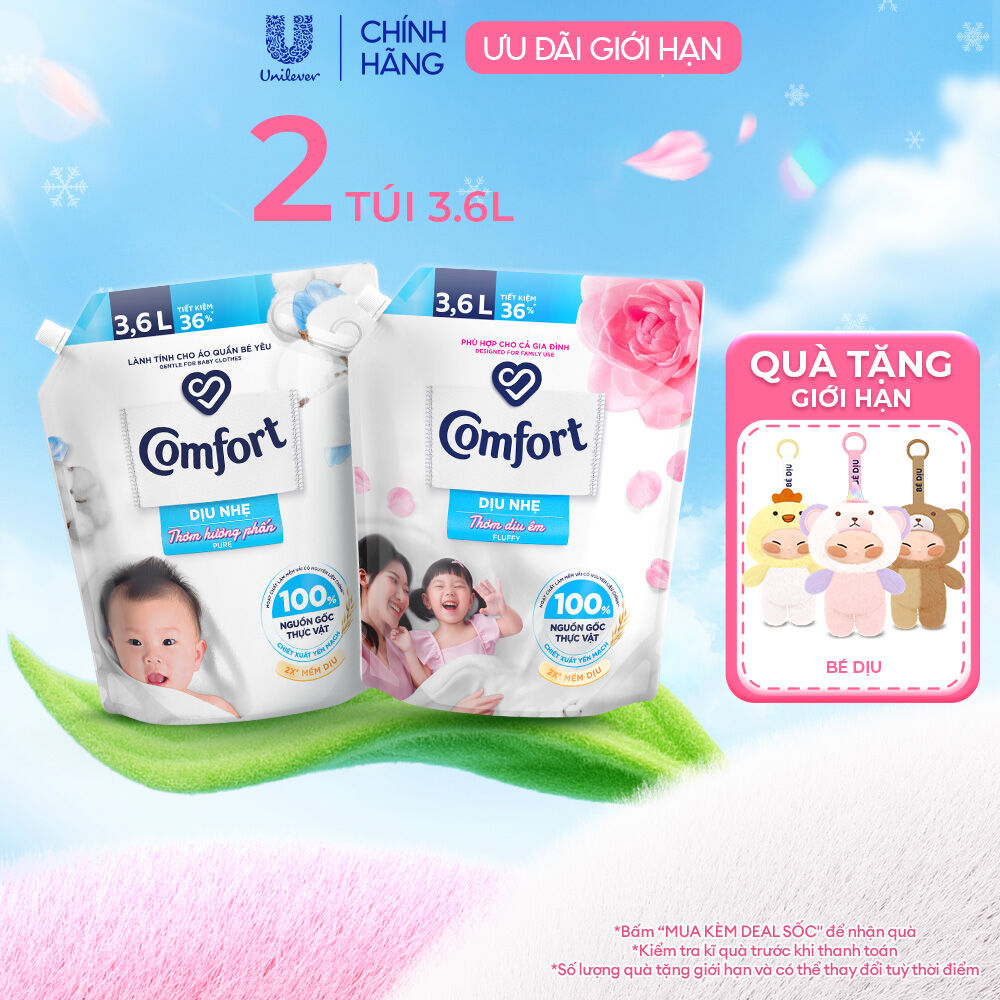 Combo 2 Túi Nước Xả Vải Comfort Dịu Nhẹ Thơm Hương phấn/Dịu êm cho Cả Gia Đình 3.6L