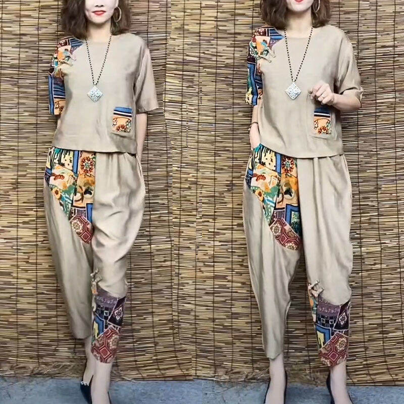 Bộ đồ phong cách phương tây áo phông nữ ngắn tay mùa hè áo quần harem thường ngày quần 9 tấc trang phục nữ cỡ lớn bộ hai chiếc vải lanh cotton tencel