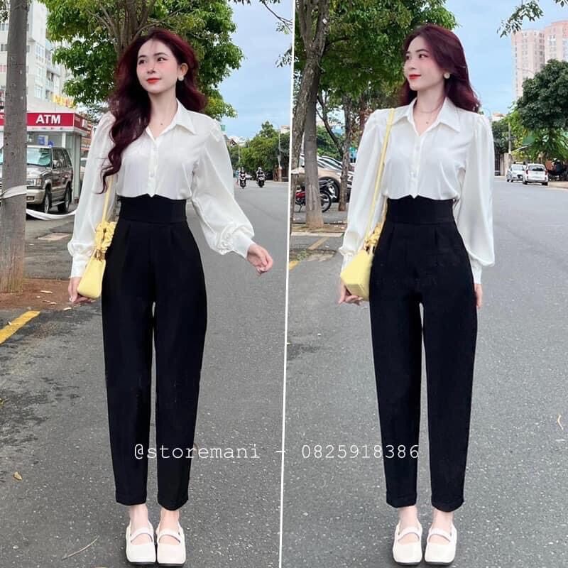 Quần baggy vải lưng cao đi học-Quần vải baggy cạp cao khoá sau lưng