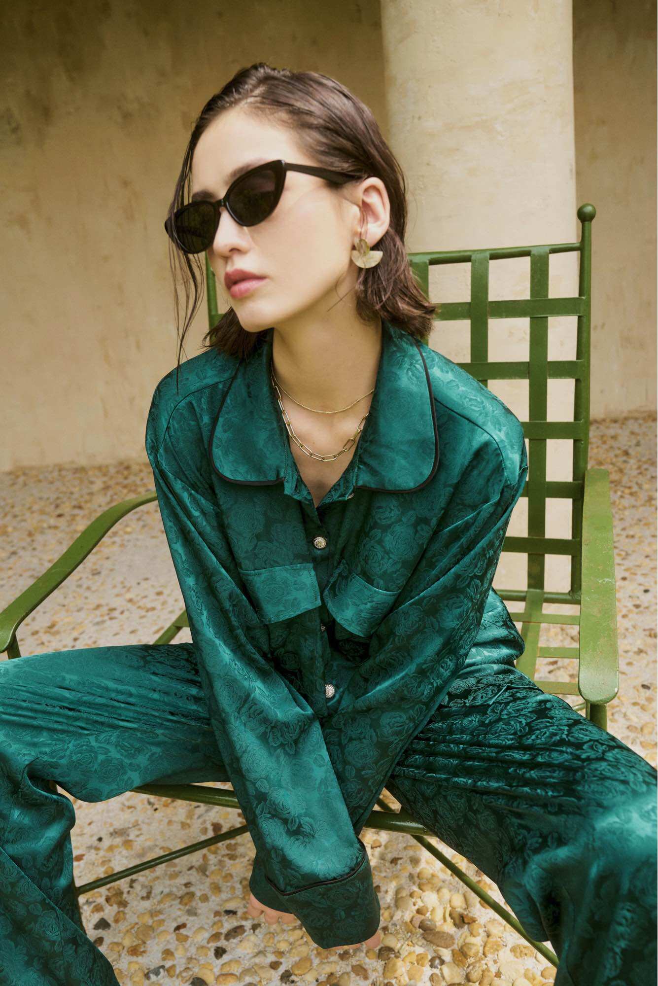 THYPH-Deryn Set Lụa Cổ Sen Xanh Lá Mặc Nhà Cao Cấp