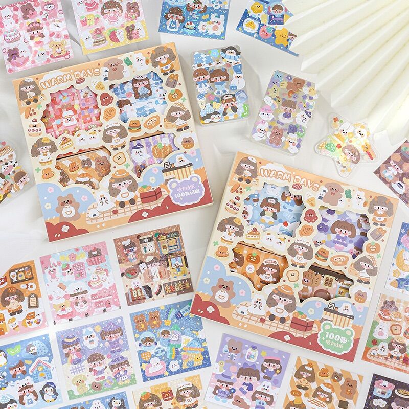 🌸Hộp 100 tấm sticker nhãn dán chủ đề warm day washi🌸