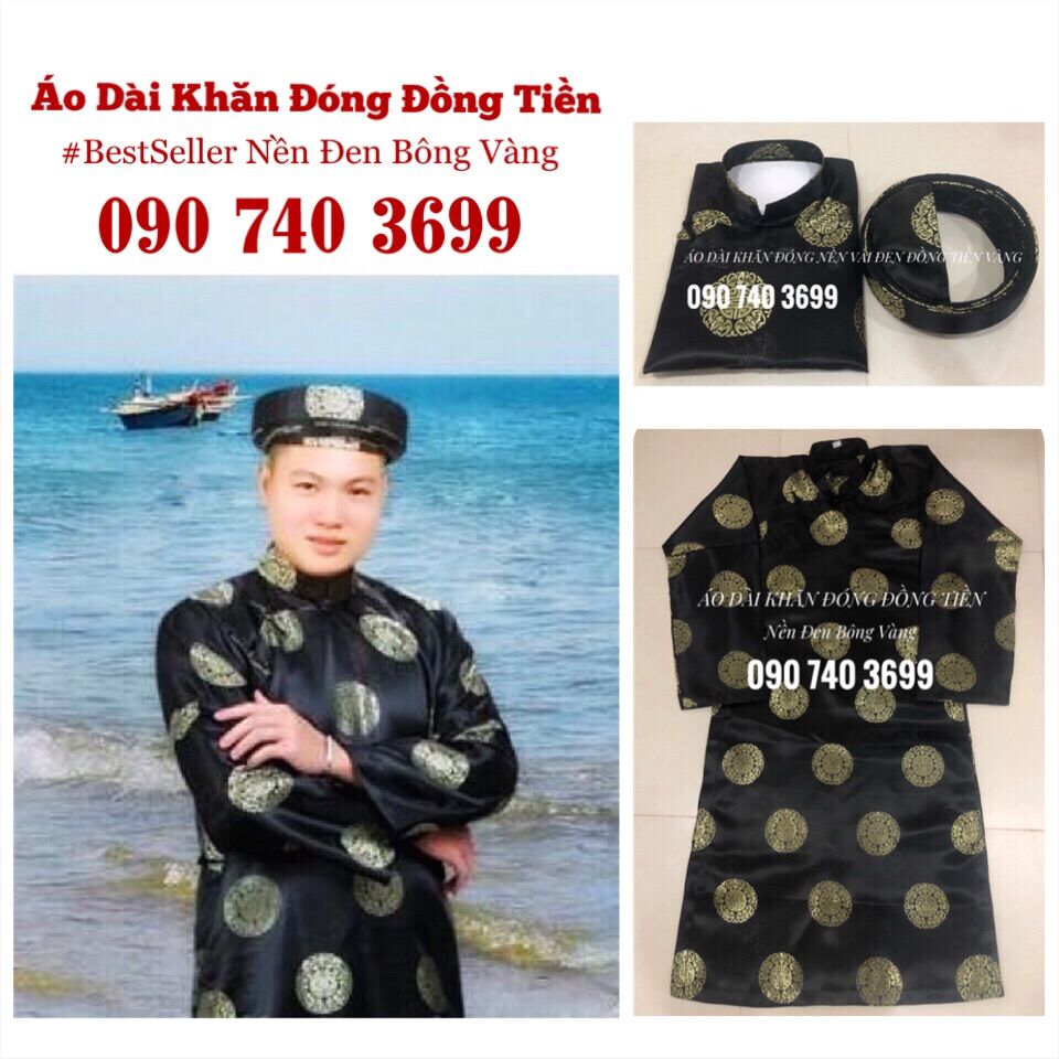 Cả bộ áo dài khăn đóng đồng tiền nền đen bông vàng