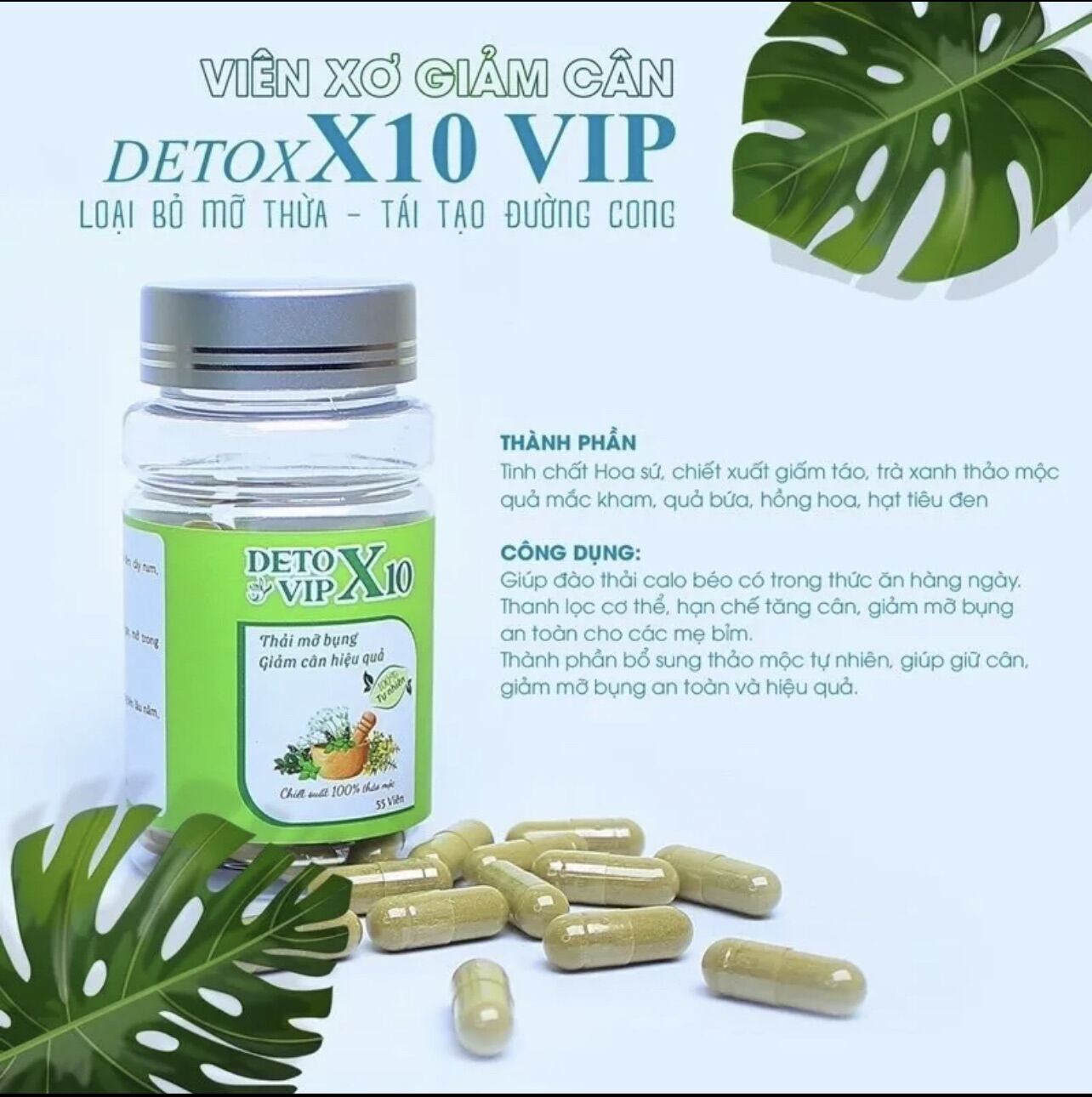 Giảm Cân DETOX X10 VIP giảm cân toàn thân ngăn ngừa hấp thụ chất béo liệu trình giảm 37kg hộp 55viên