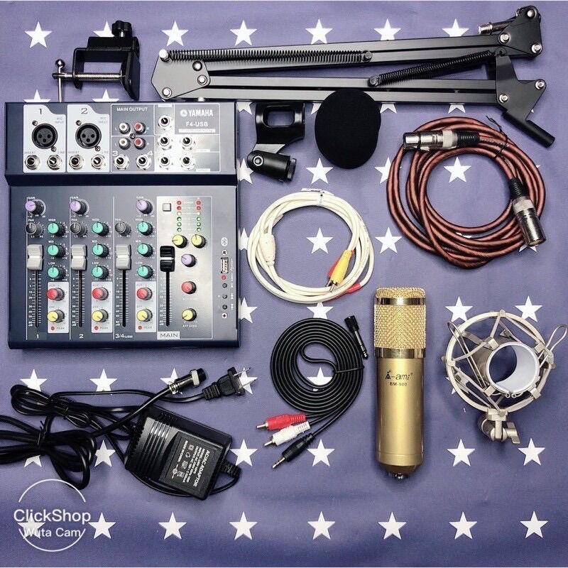 Bộ Thu âm Livestream online AMI BM900-MIXER F4 BLUETOOTH DÂY LIVE CHẾ+CHÂN KẸP MÀNG LỌC ĐẦY ĐỦ bh 1 năm