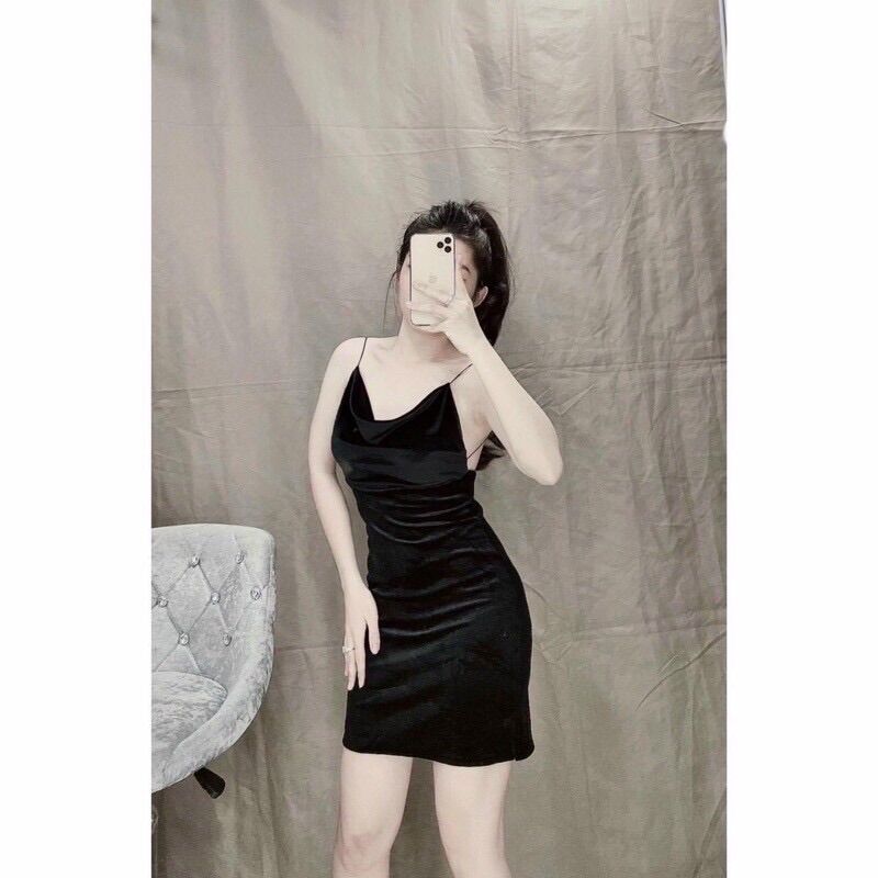 Váy body nhung cổ đổ hở lưng - Đầm body nhung xẻ tà hở lưng