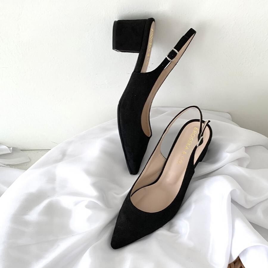 Giày sandal 5 phân mũi nhọn gót vuông Annmodels chất xi lộn _A026XL