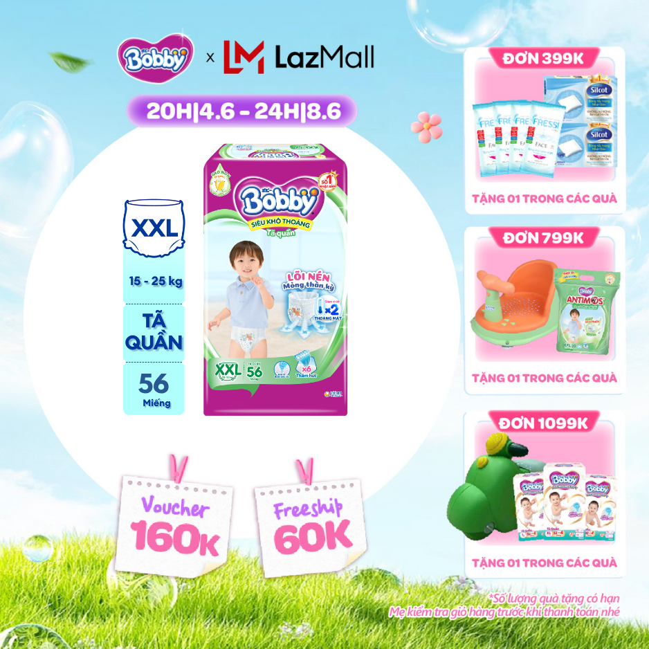 [QUÀ TẶNG HẤP DẪN TỪ 9-10.6] Tã/Bỉm quần Bobby Lõi nén thần kỳ 3mm Ultra Jumbo XXL56/XXL60 - Siêu mỏng khô thoáng