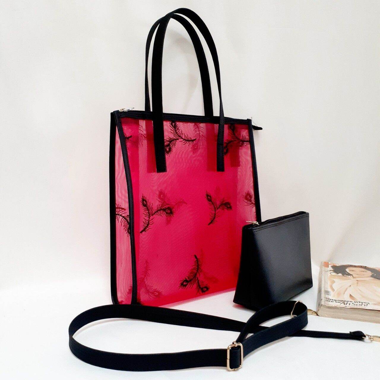 2-in-1 Transparent Women's Handbag for Work, Made of Computer Mesh Material, Can Hold Laptops, A3, A4 Documents, with Wallet and Matching Crossbody Strap - 2