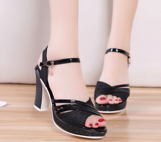 Giày sandal gót vuông ánh kim 6866(90&@@