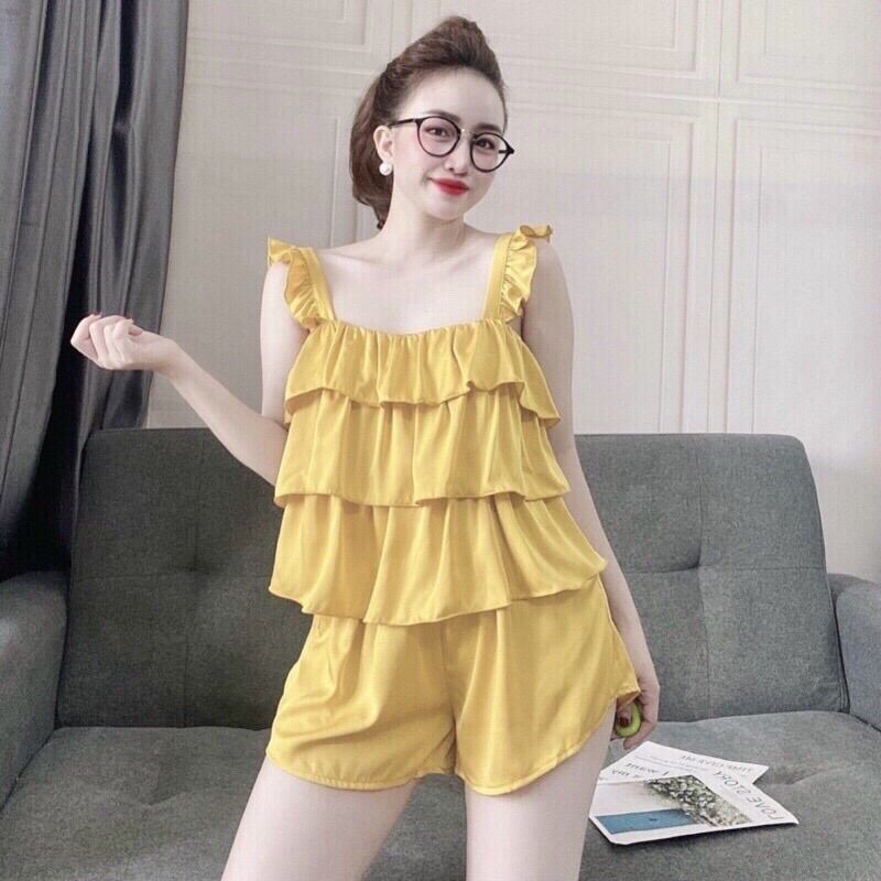 Bộ ngủ nữ áo 3 tầng tay bèo chất lụa satin
