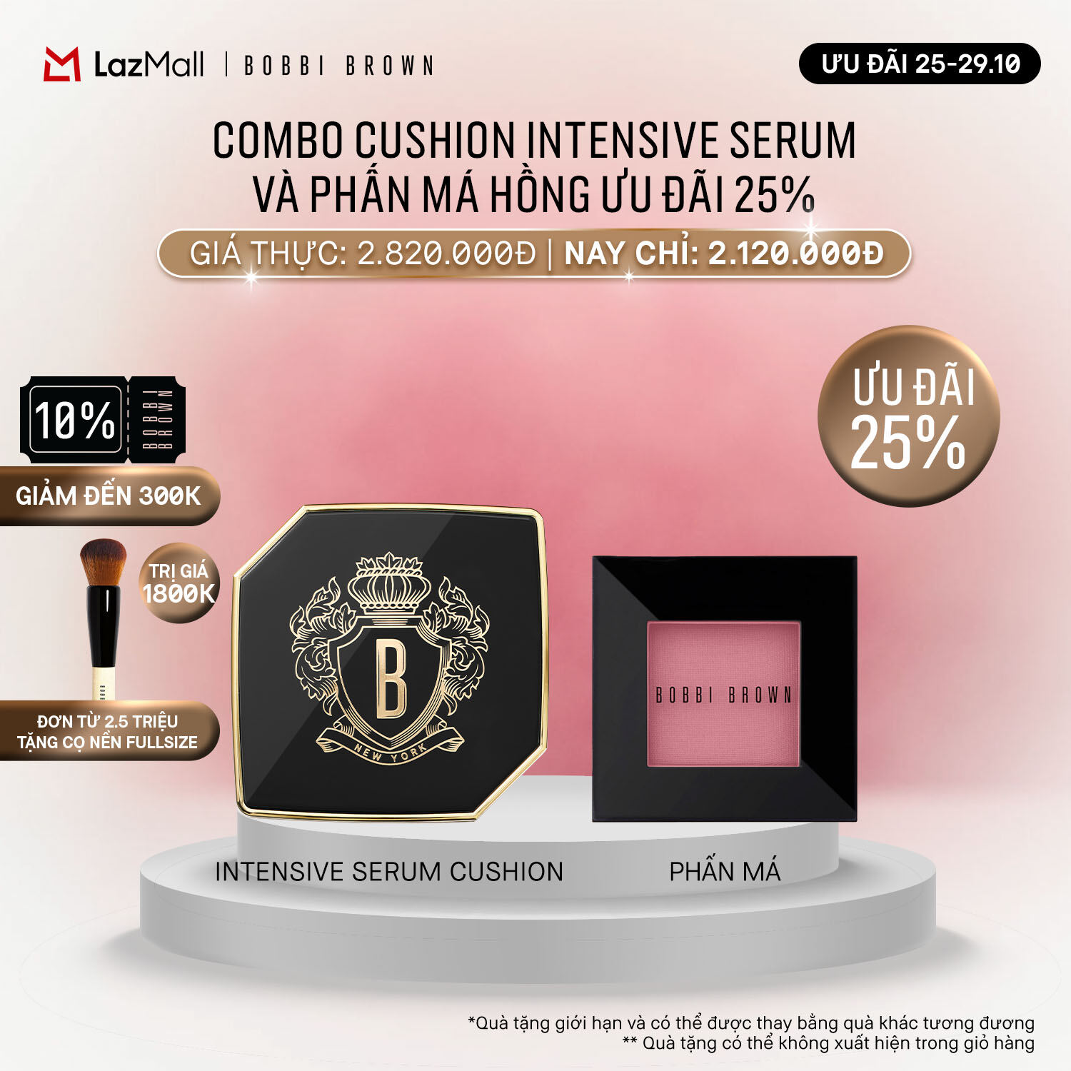 ƯU ĐÃI 25-29.10 Bobbi Brown - Bộ 2 món: Phấn nước Bobbi Brown Intensive Skin Serum Cushion Foundation SPF 40 PA++++ Phấn má hồng Bobbi Brown Powder Blush