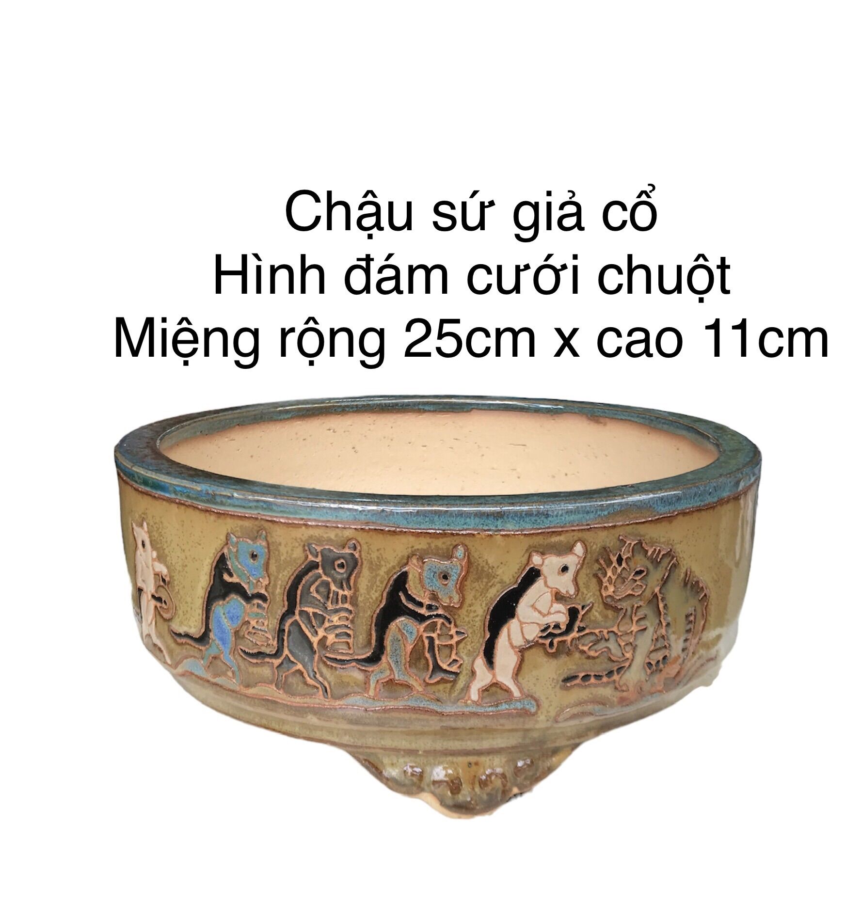 Chậu sứ giả cổ hình Đám Cưới Chuột size 1 hoa văn khắc tay