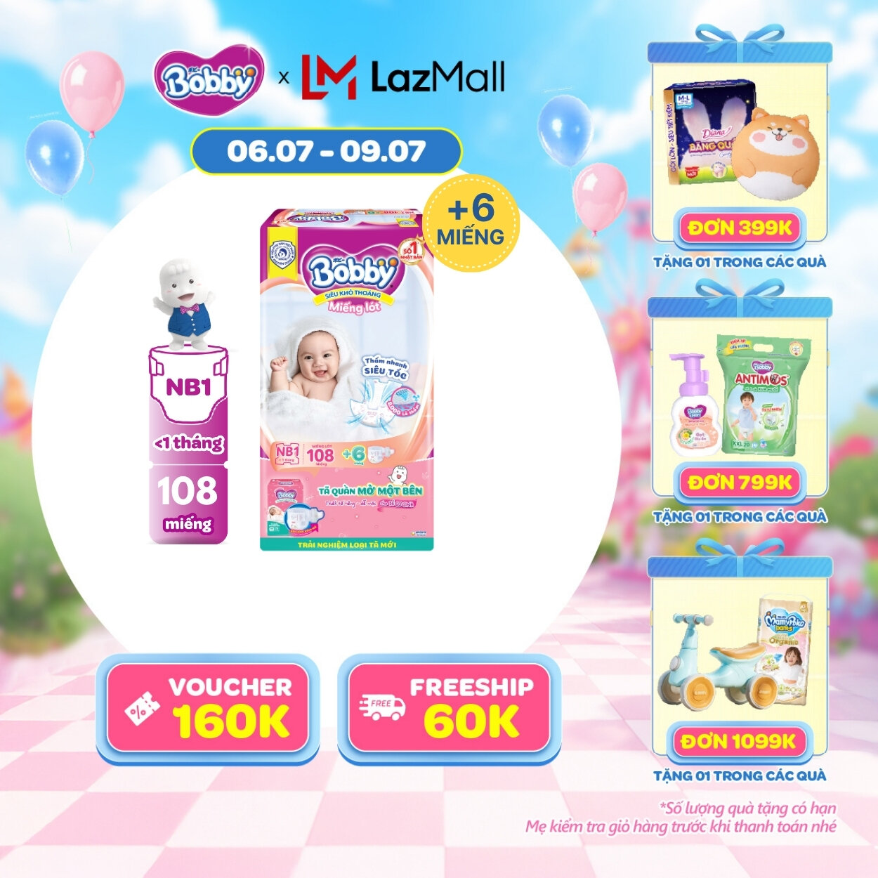 [CHỈ 14/07 tặng QUÀ TO-SLCH]Miếng lót sơ sinh Bobby gói lớn Newborn 1-108 miếng (0-5kg) + Tặng kèm 6 miếng tã quần mở 1 bên Bobby size NB / NB-S
