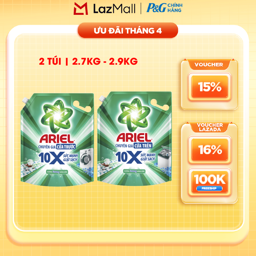 Combo 2 Nước Giặt Gel ARIEL 10X Sức Mạnh Giặt Sạch Chuyên Gia Cửa Trước - Cửa Trên Hương Downy Nắng Sớm Túi 2.7KG/ 2.9KG