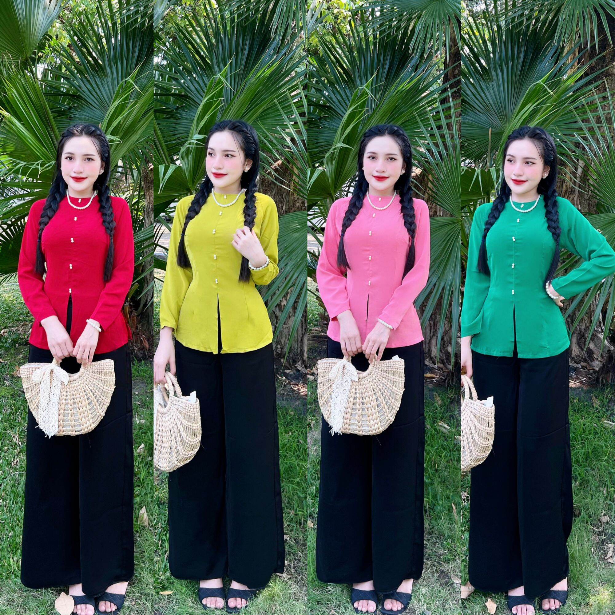 Bộ bà ba cổ tròn nút ngọc đôi tay dài suông