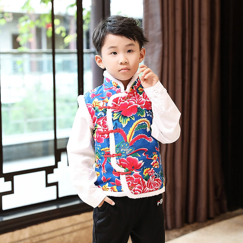 Áo gilê bông vải hoa to đông bắc áo ba lỗ trẻ em trang phục thời đường vui mừng phong cách dân tộc trang phục biểu diễn múa áo bông nhỏ