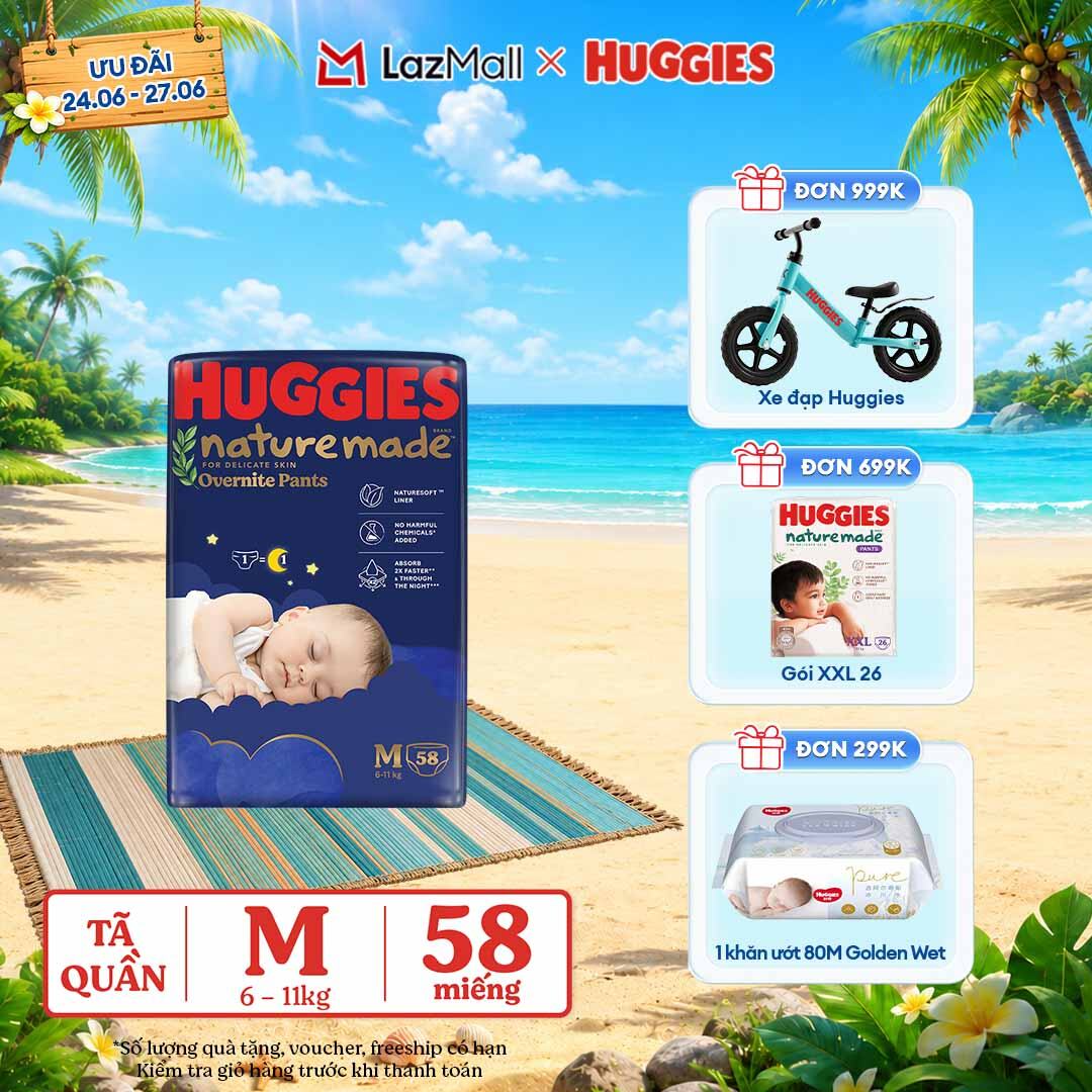 [Chỉ 25-29.06 QUÀ TẶNG ĐƠN 399K](Mua 1 tặng 1) Tã quần Huggies Naturemade ban đêm M58