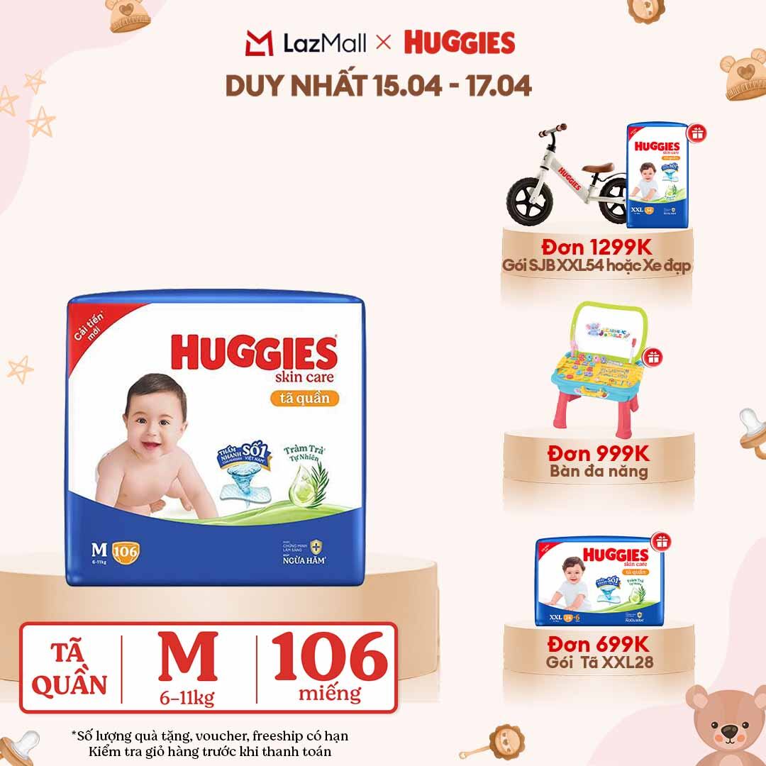 [CHỈ 18-24.04 GIẢM THÊM 90K]  Gói Tã/bỉm quần HUGGIES SKINCARE MEGA JUMBO size M 102+4 miếng