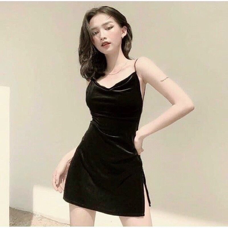 Đầm Nhung 2 Dây Bún Ngắn Xẻ Tà